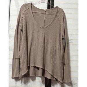 Free People Sunset Park Thermal Top Med Mushroom Brown Distressed Boho Grunge